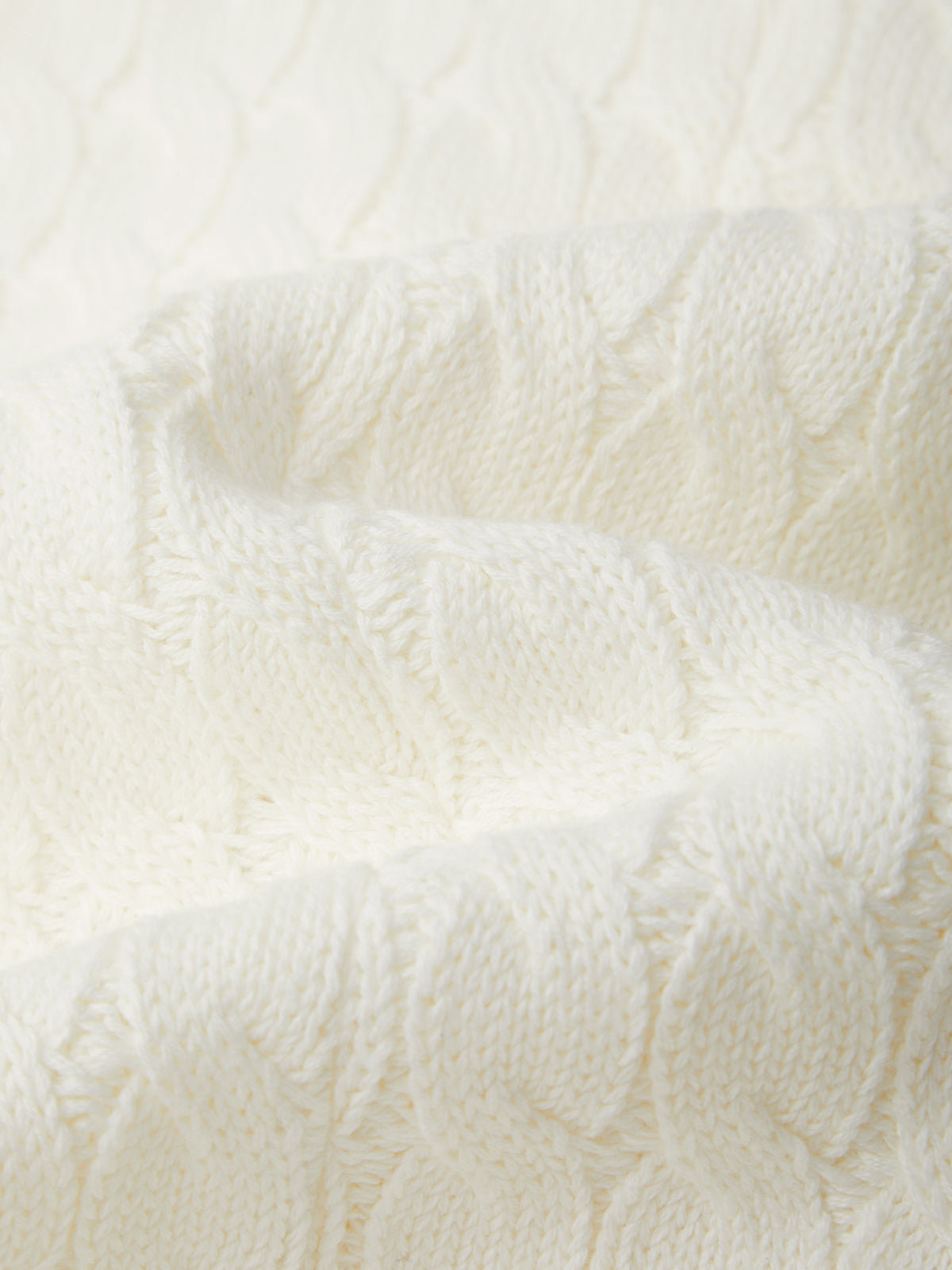 Close-up of a textured white fabric with a cable knit pattern