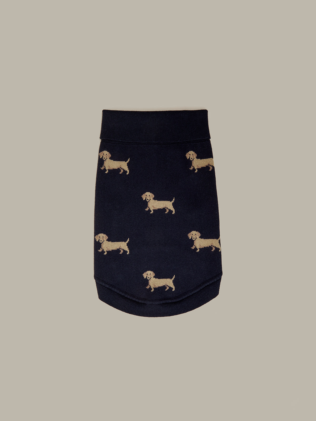 Navy blue pouch with beige dachshund dog pattern on a beige background