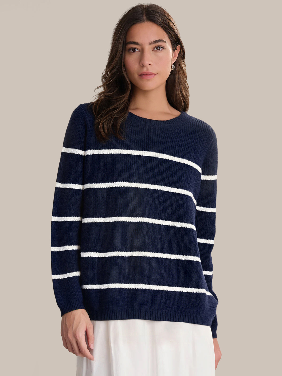 Emma: Stripe Crewneck Shaker Stitch Cotton Sweater