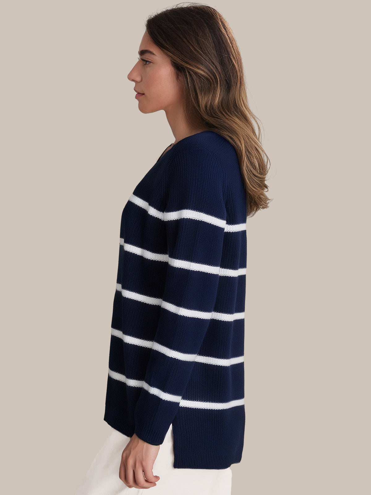 Emma: Stripe Crewneck Shaker Stitch Cotton Sweater