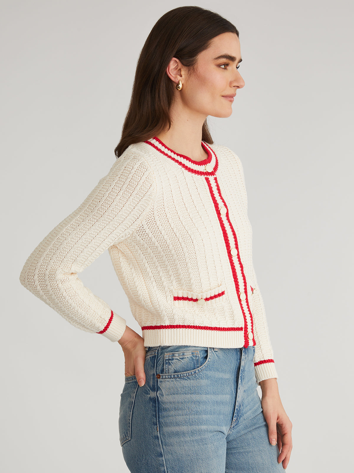 Laurel: 100% Cotton Crewneck Tipped Cardigan