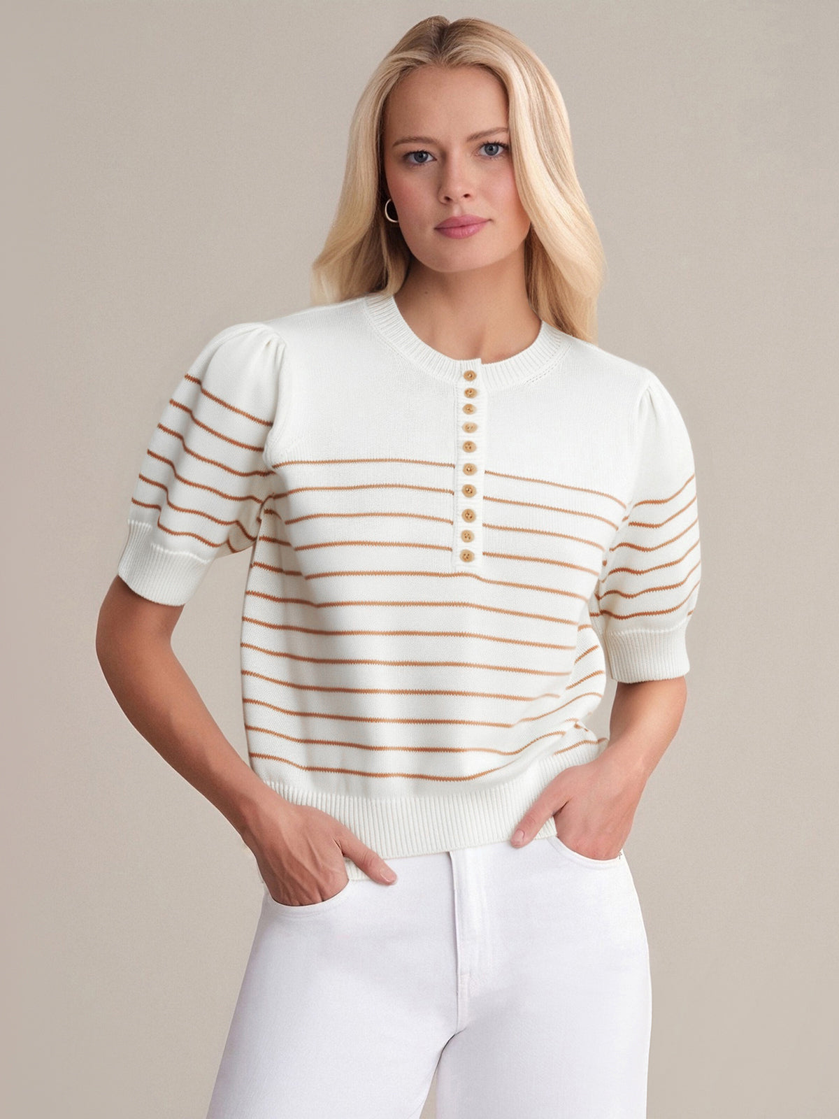 Carly: Stripe Half Button Cotton Sweater