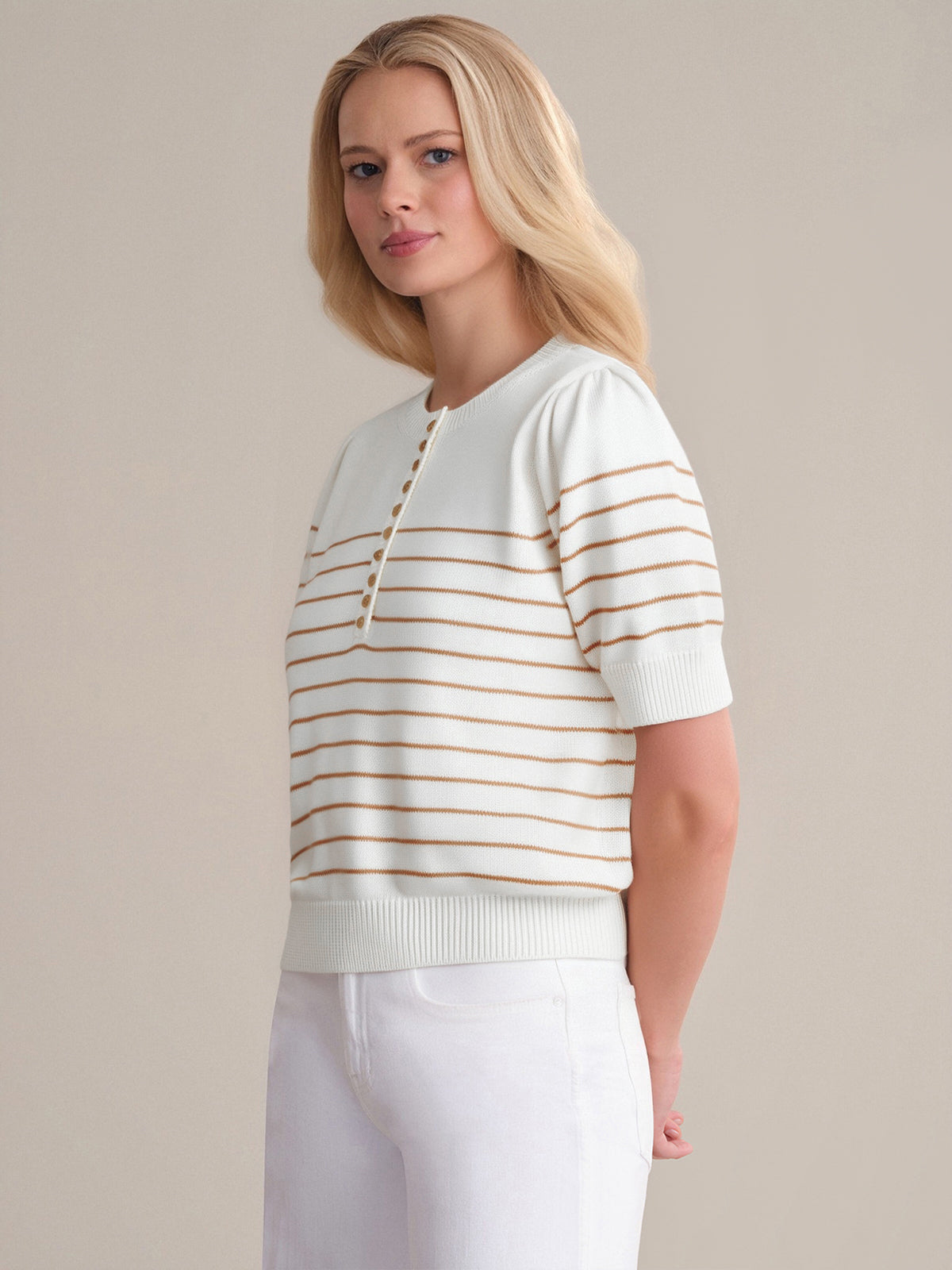 Carly: Stripe Half Button Cotton Sweater