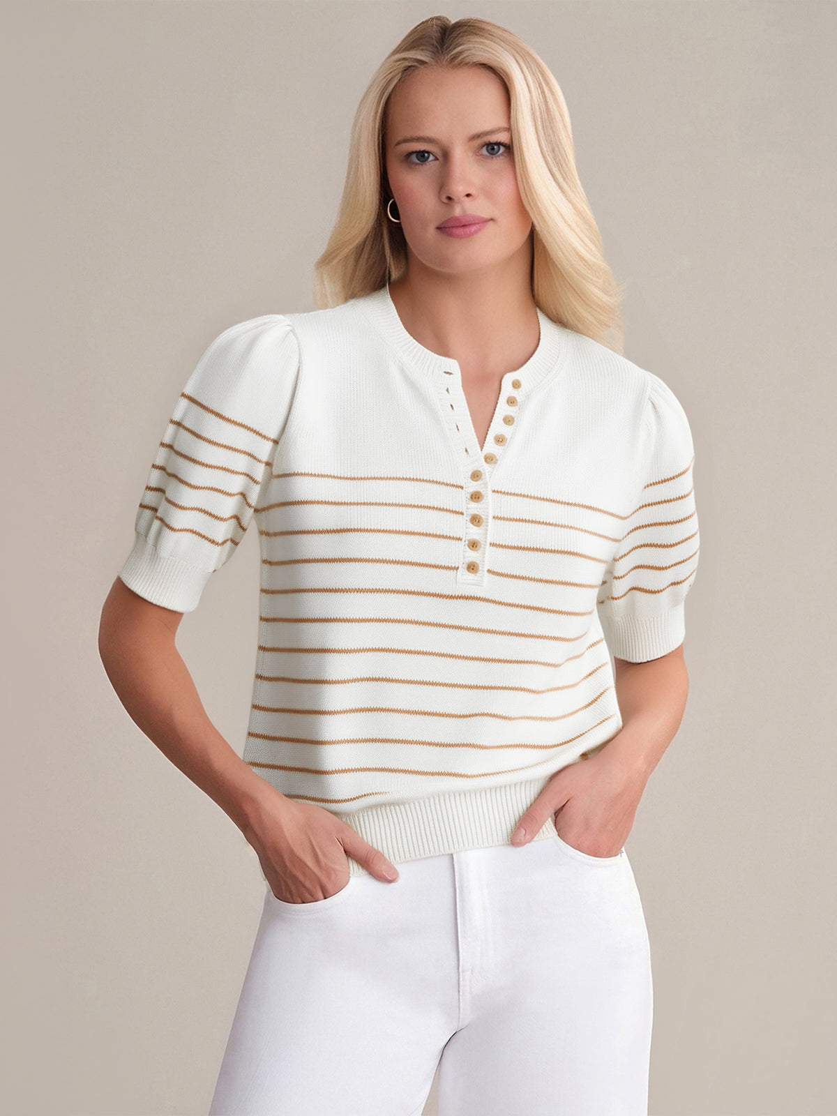 Carly: Stripe Half Button Cotton Sweater