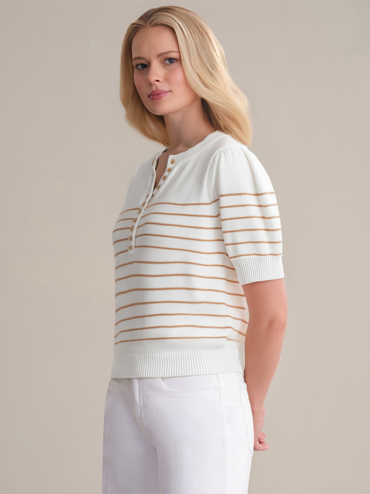 Carly: Stripe Half Button Cotton Sweater