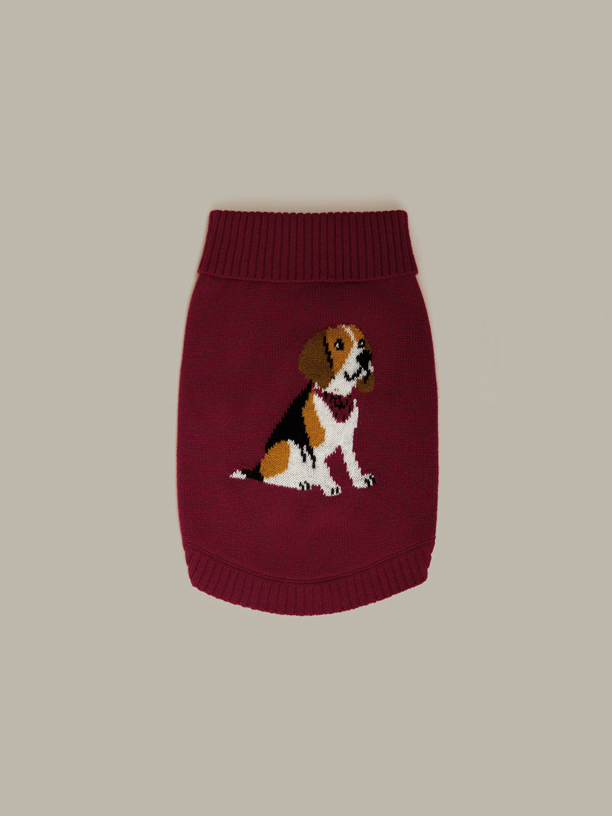Maroon dog sweater with a dog illustration on a beige background