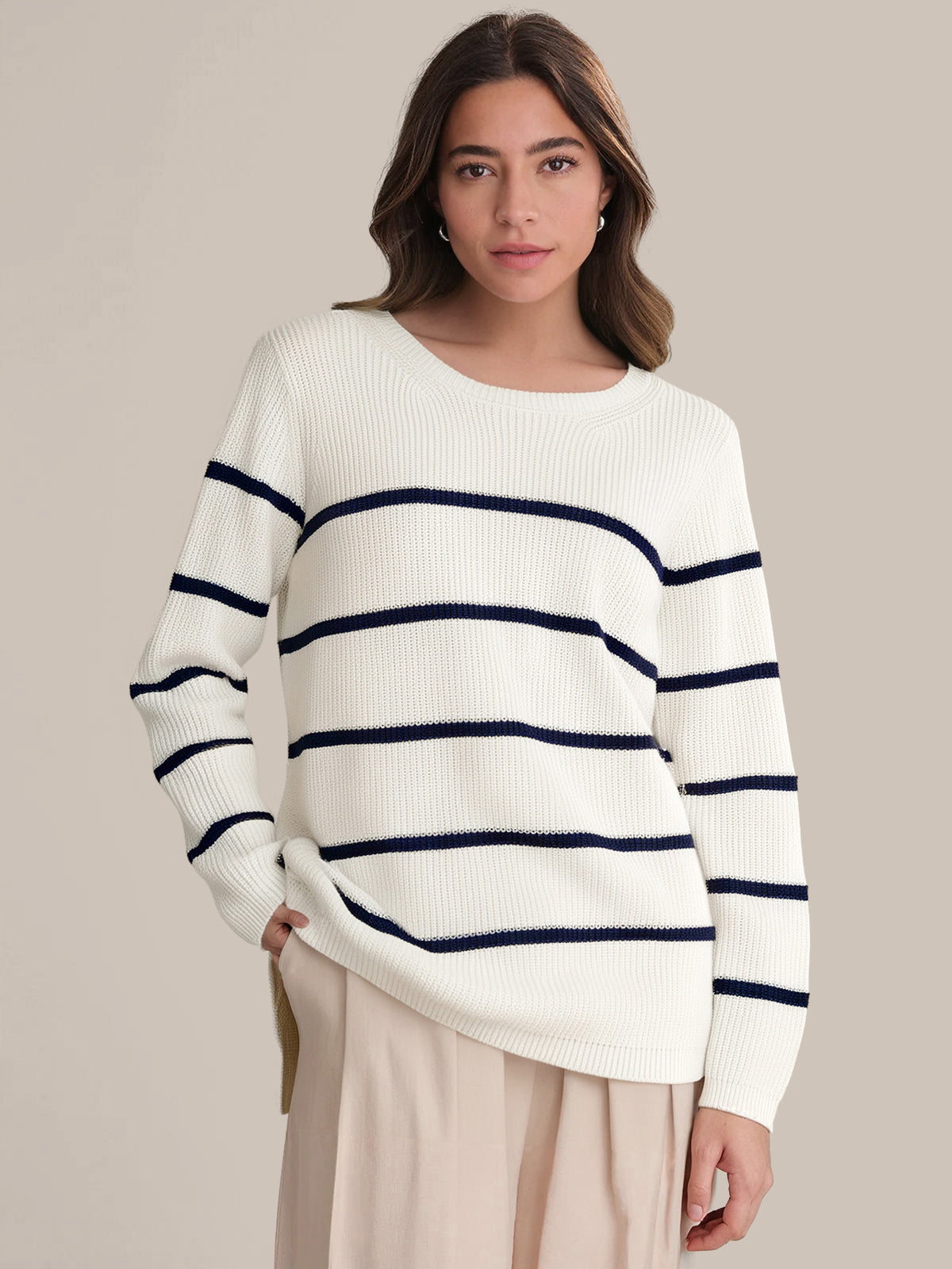 Emma: Stripe Crewneck Shaker Stitch Cotton Sweater