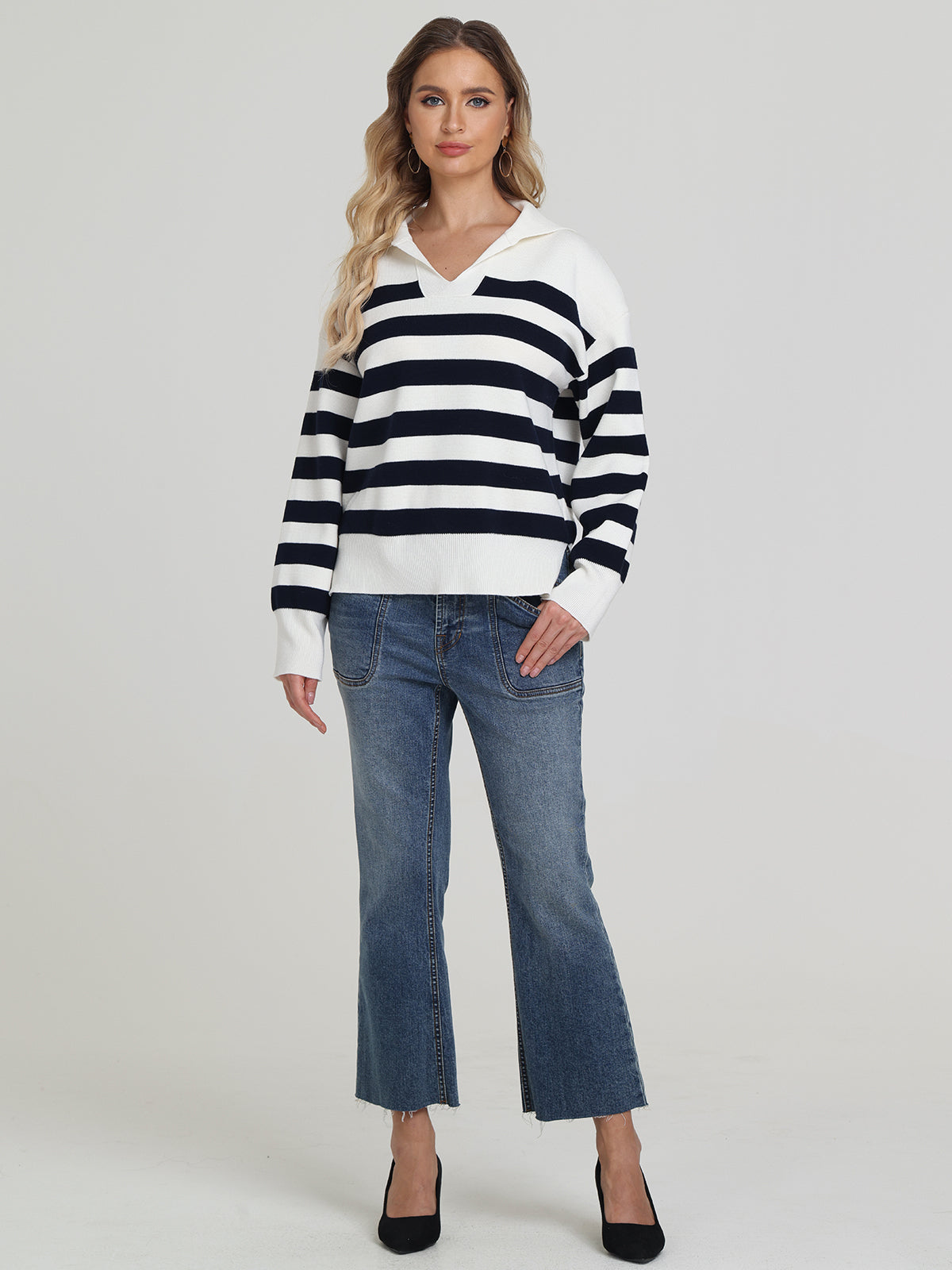 Peggy: Stripe Open Collar Sweater